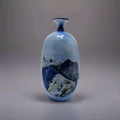 Vintage Japanese Blue Porcelain Vase Hand Painted Mountain Landscape Art Pottery
