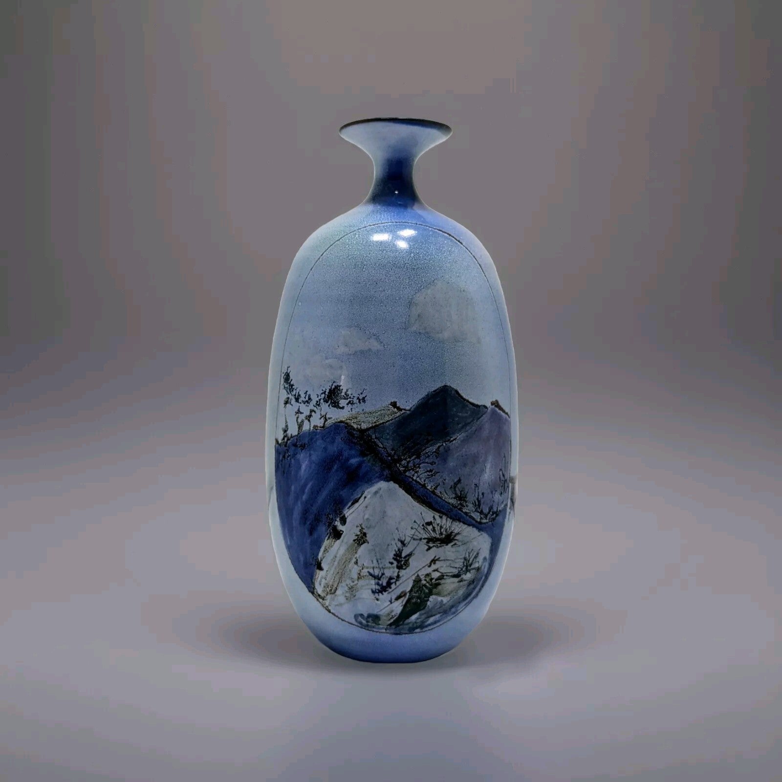 Vintage Japanese Blue Porcelain Vase Hand Painted Mountain Landscape Art Pottery