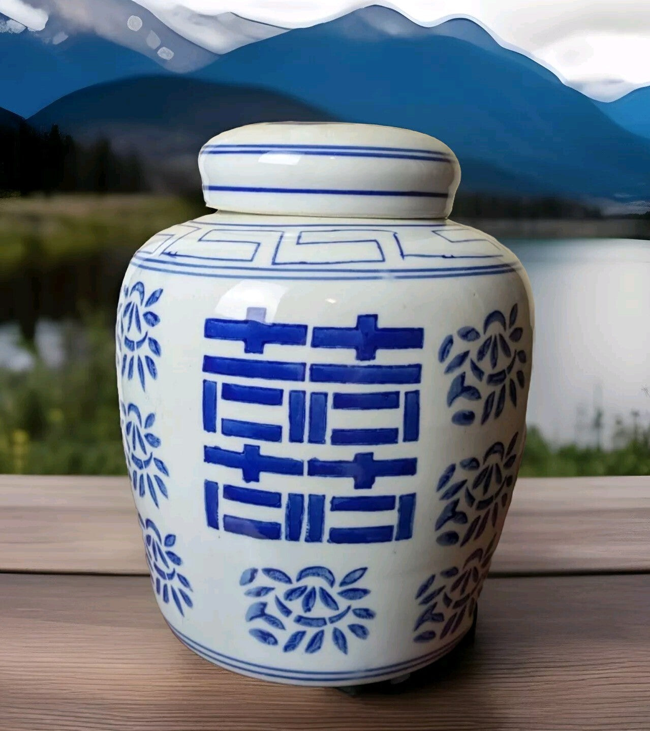 Double Happiness Chinese Ginger Jar blue & white Porcelain chinoiserie 10” w/lid