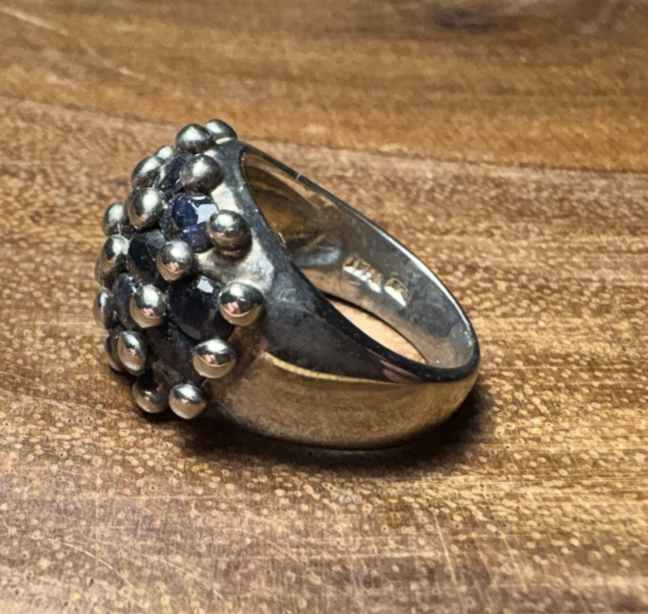 Vintage Italian 925 Sterling Silver Dome Cluster Ring with Blue Sapphire Sz 5 7g