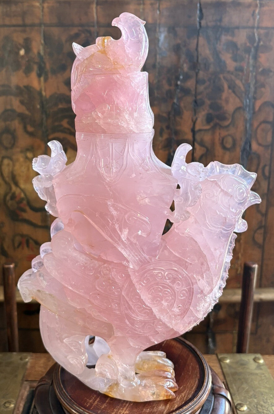 Antique Vintage Rose Quarts Rooster Sculpture 13” tall 8” wide