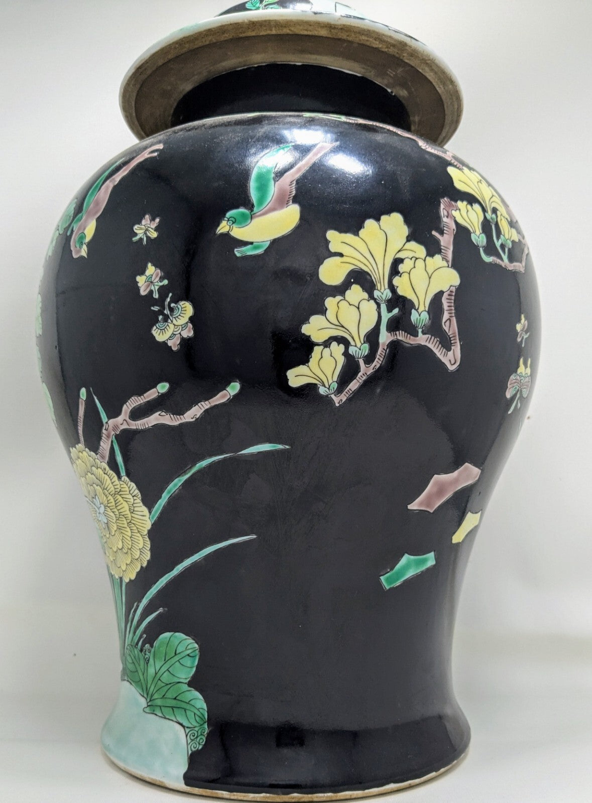 Pair Antique Chinese Famille Noire porcelain Lidded Jars-kangxi Mark Qing Black