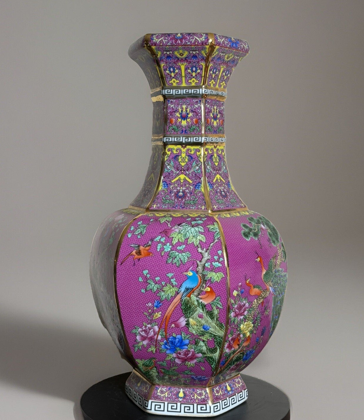 Chinese Porcelain Vase Famille Rose Qianlong Mark Birds Cloisonné Style 20”