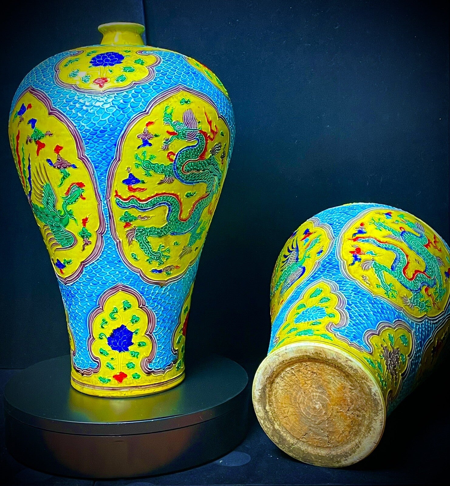 Pair of Chinese Yellow-Ground Dragon & Phoenix Cloisonné-Style Meiping Vases