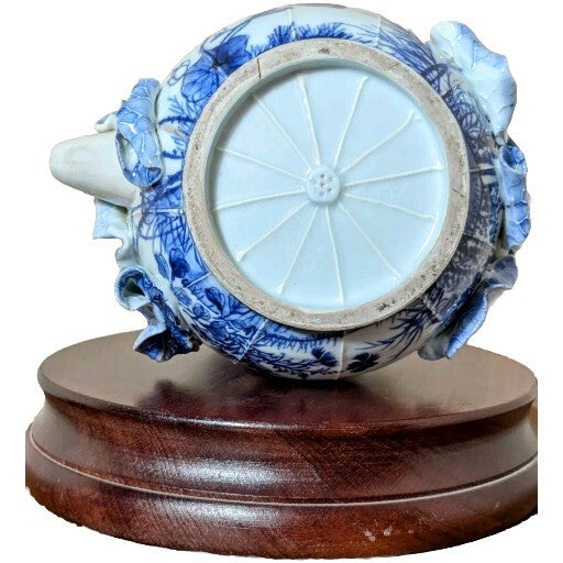 Rare 19thC Victorian Blue White Porcelain Pitcher Floral Relief Teapot Antique