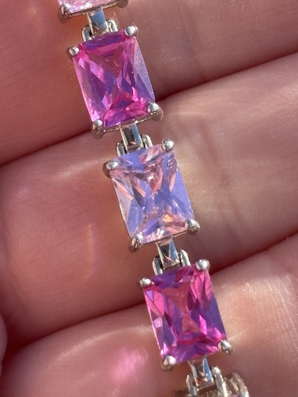 Pink 2 Tone Gemstone Tennis Bracelet 925 Sterling Silver 7.5” Box Clasp Vintage