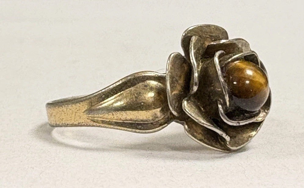 Sterling Silver Tiger’s Eye Rose Ring – Floral Statement Ring Size 6.5