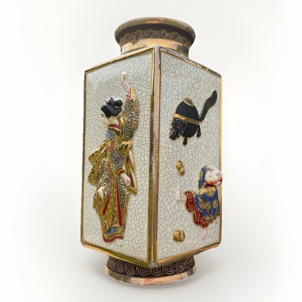 Antique Japanese Satsuma Moriage Square Vase Relief Figures Crackle Glaze