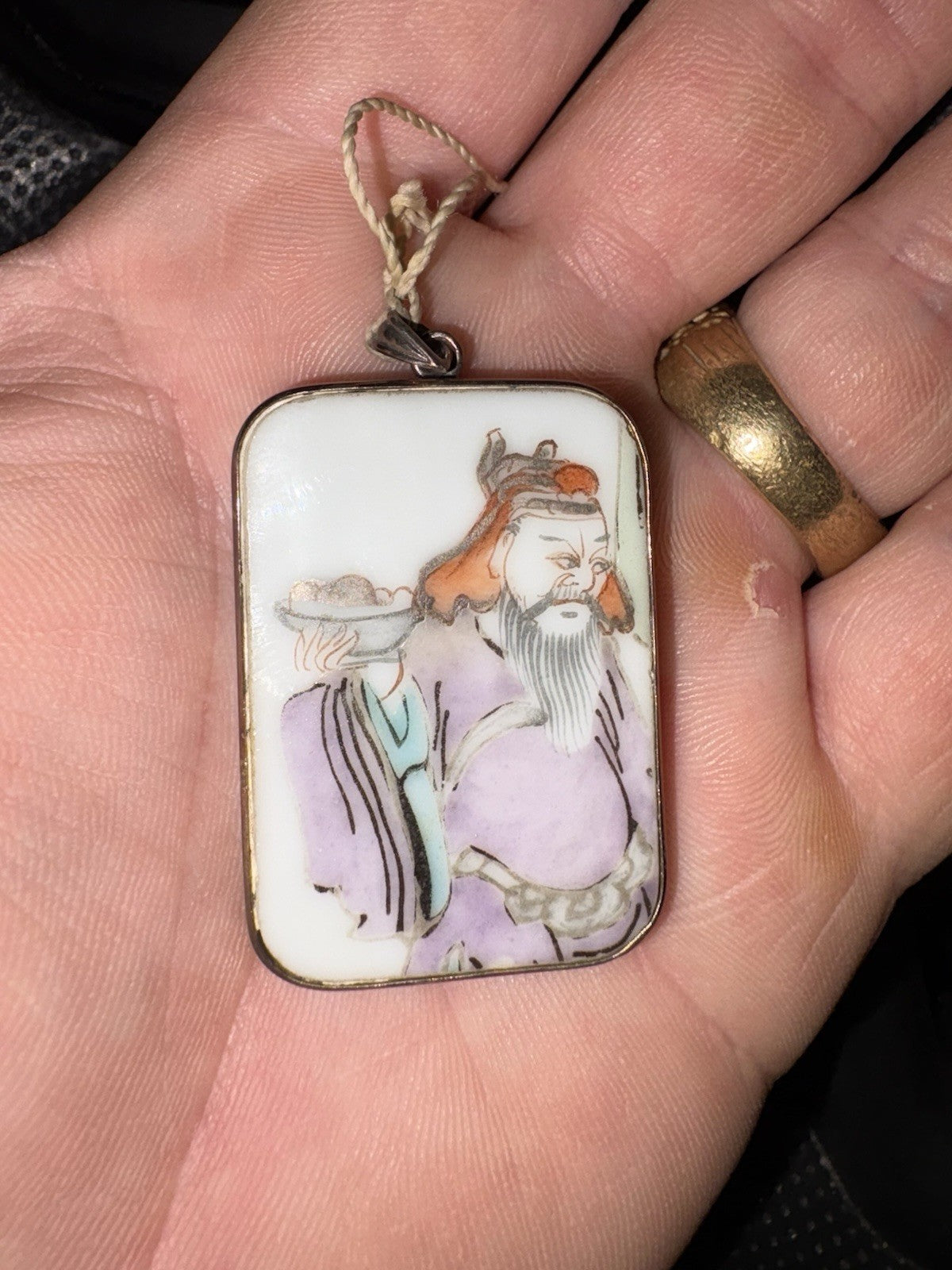 Vintage Chinese Hand Painted Porcelain Scholar Pendant 925 Sterling Silver