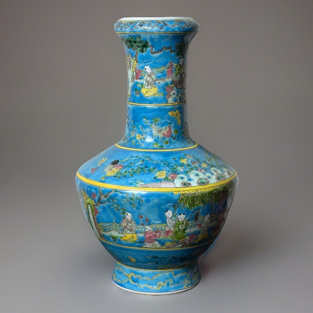 Large Chinese Famille Rose Turquoise Vase Boys at Play Qing Republic Era 16”