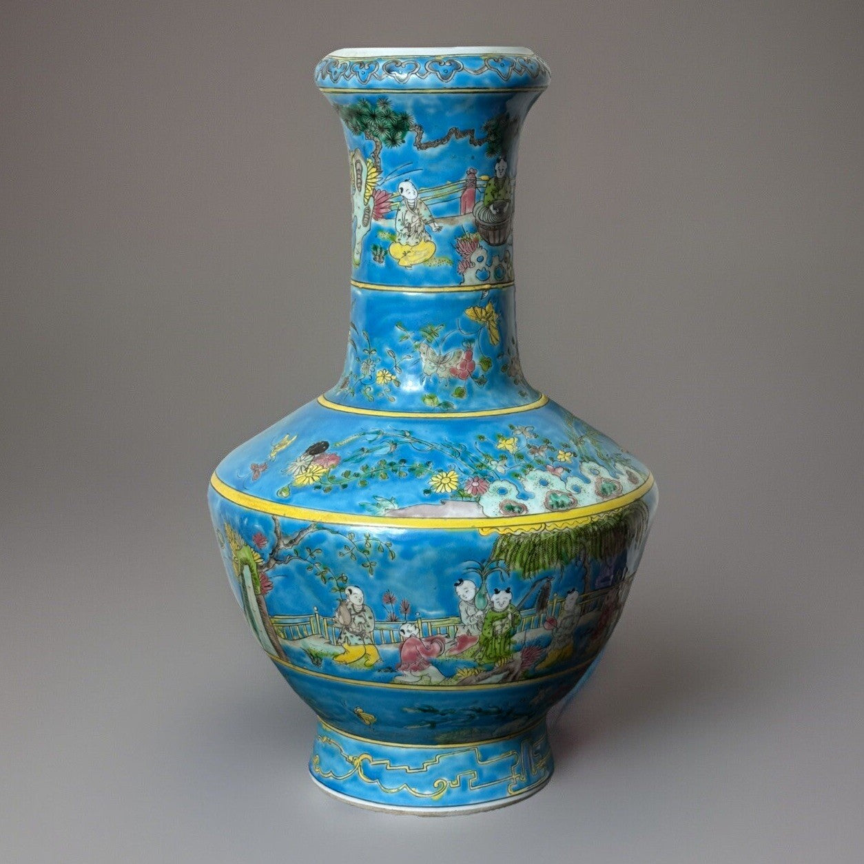 Large Chinese Famille Rose Turquoise Vase Boys at Play Qing Republic Era 16”