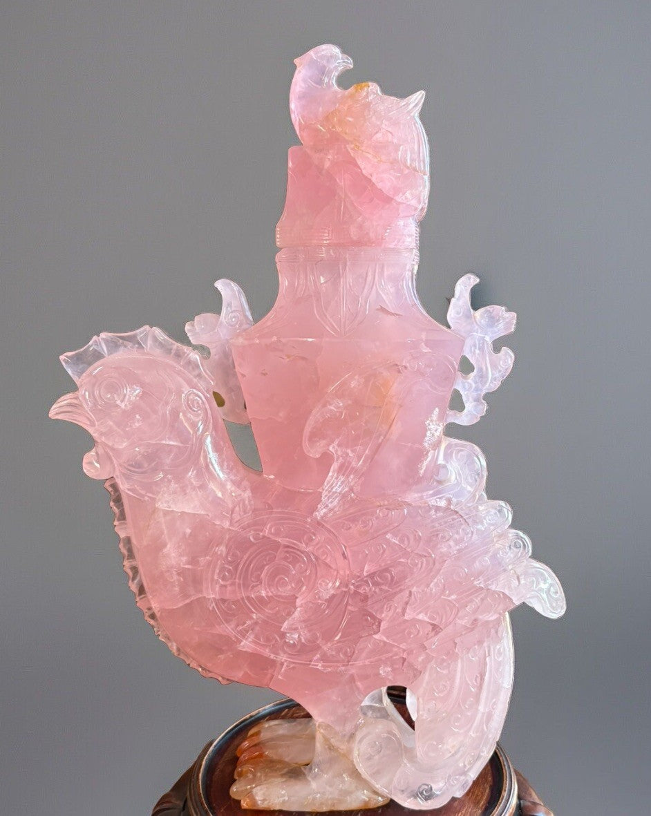 Antique Vintage Rose Quarts Rooster Sculpture 13” tall 8” wide