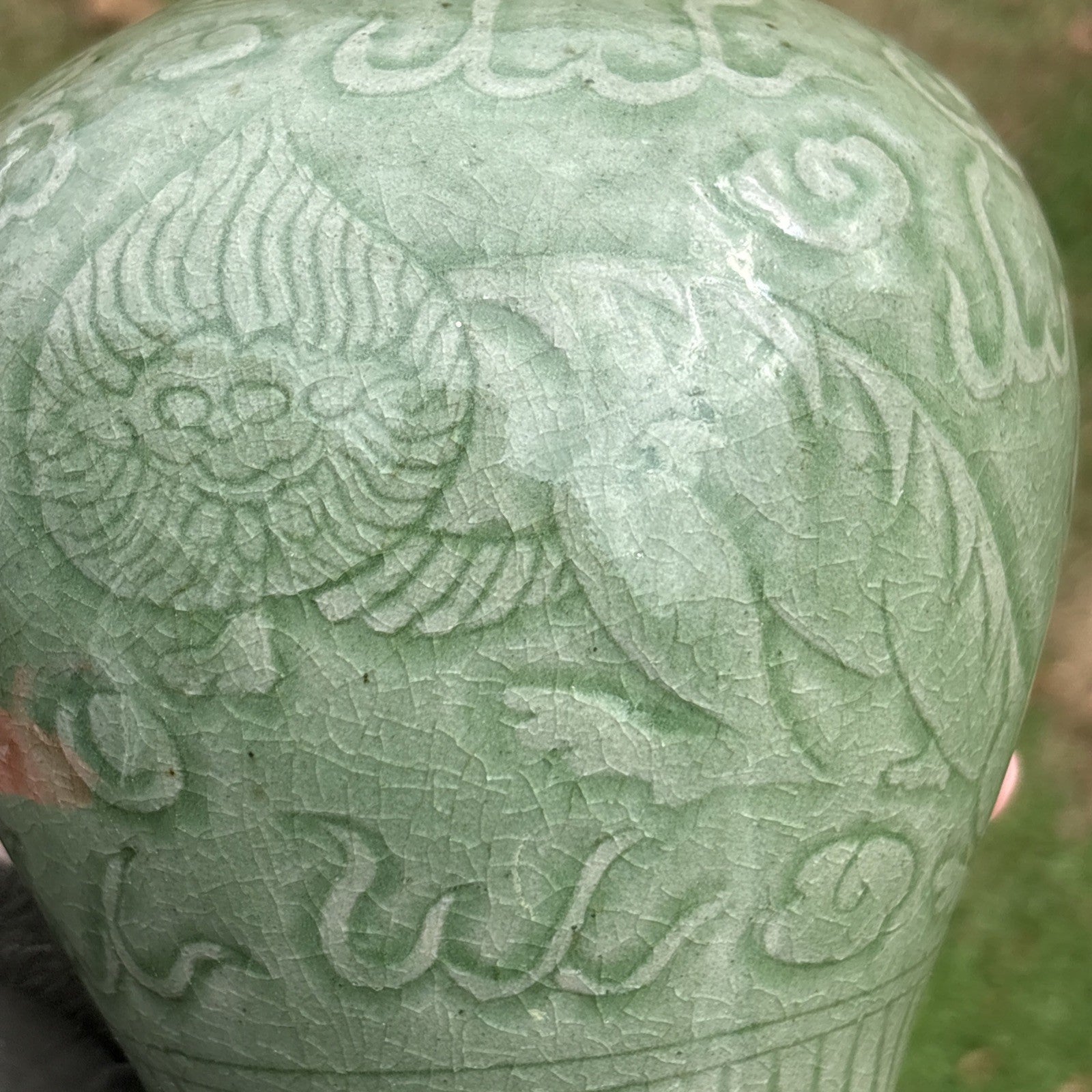 Antique Chinese Celadon Vase Qilin Motif Longquan Style Crackle Glaze