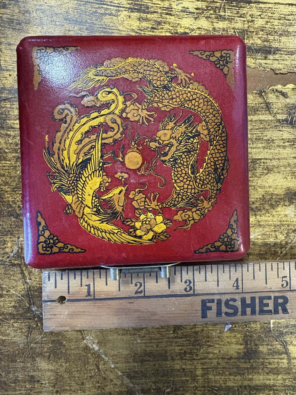 Pair Vintage Chinese Luopan Feng Shui Compass Boxes Red Lacquer Dragon