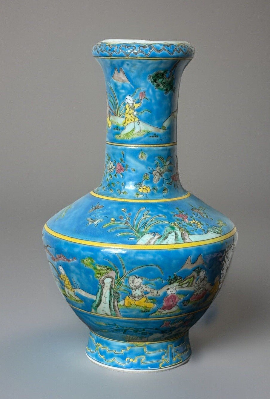 Large Chinese Famille Rose Turquoise Vase Boys at Play Qing Republic Era 16”