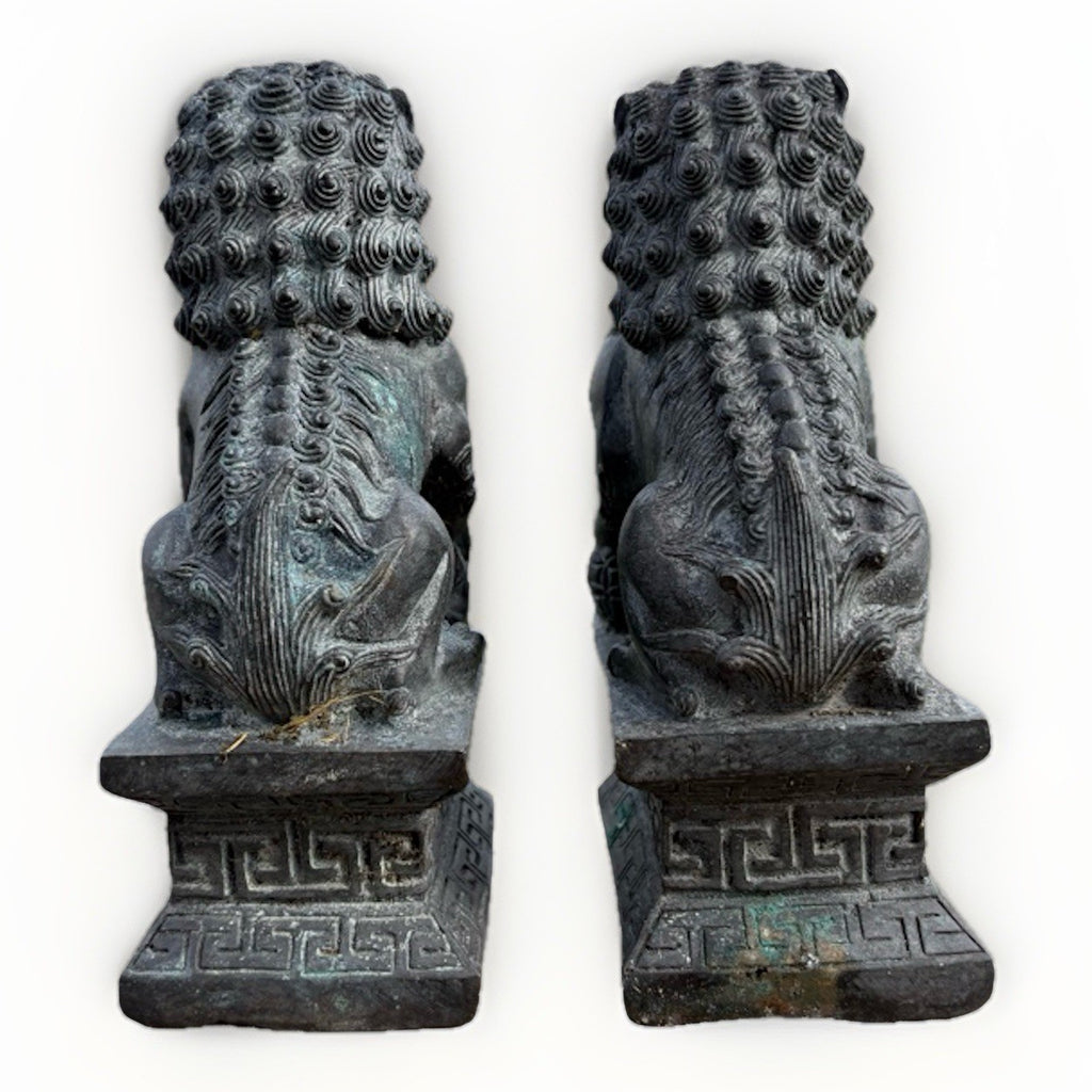 Vintage Chinese Foo Dog Guardian Lion Pair Bronze Brass Statue Feng Shui