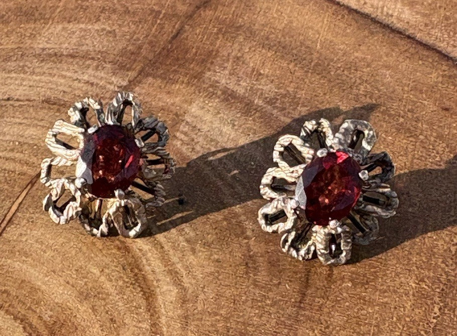 Vintage Sterling Brutalist Earrings Ruby Red Glass—Pierced Post MCM
