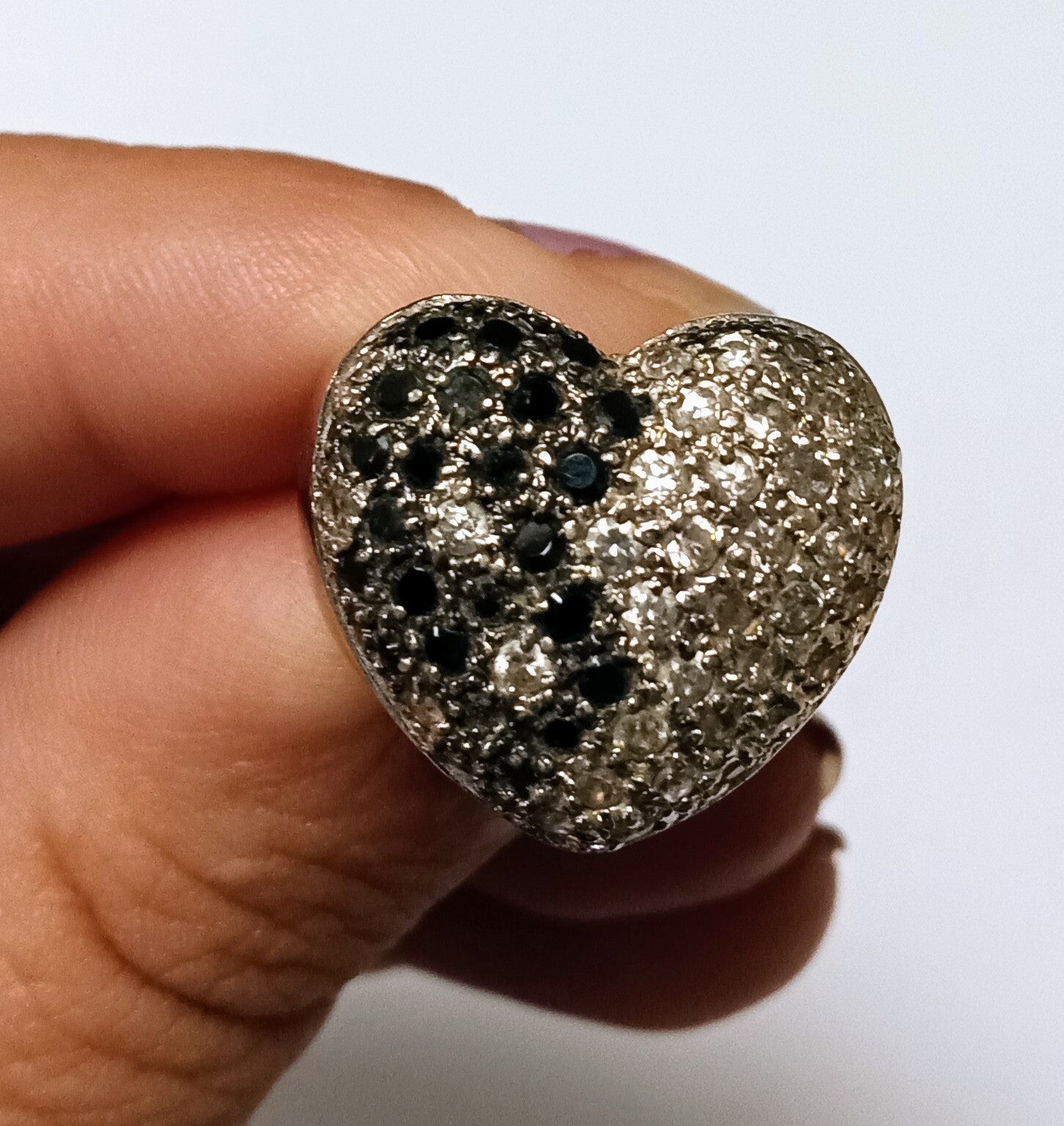 Vintage Sterling Silver Black White Gemstone Heart Ring  Size 5