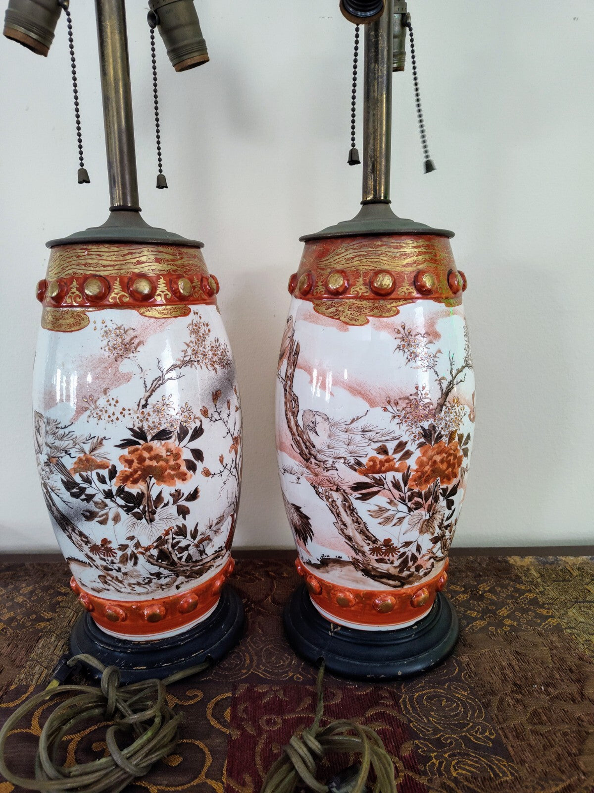 Pair Meiji Japanese Kutani Seizan Lamps, Gilt Birds & Cranes, Hand Painted