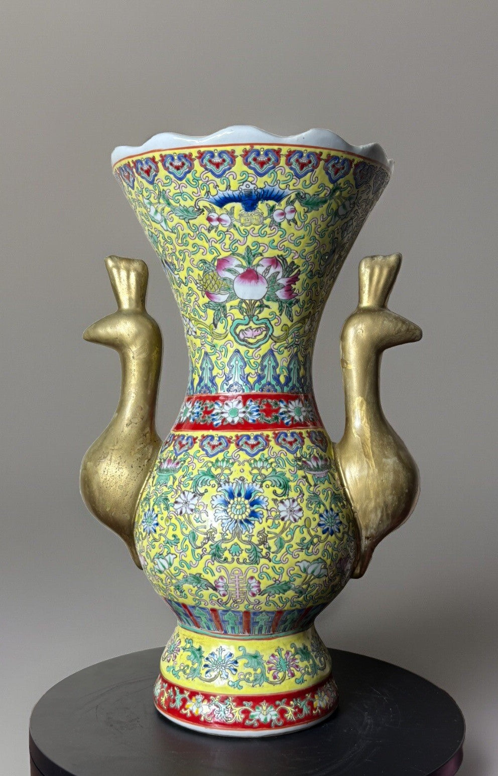 Antique Chinese Famille Rose Yellow Ground Vase w/ Gilt Phoenix Handles 15”