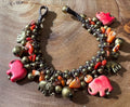 Handmade Boho Bracelet Coral Beads Elephant Charms Brass Beaded Jewelry 7”