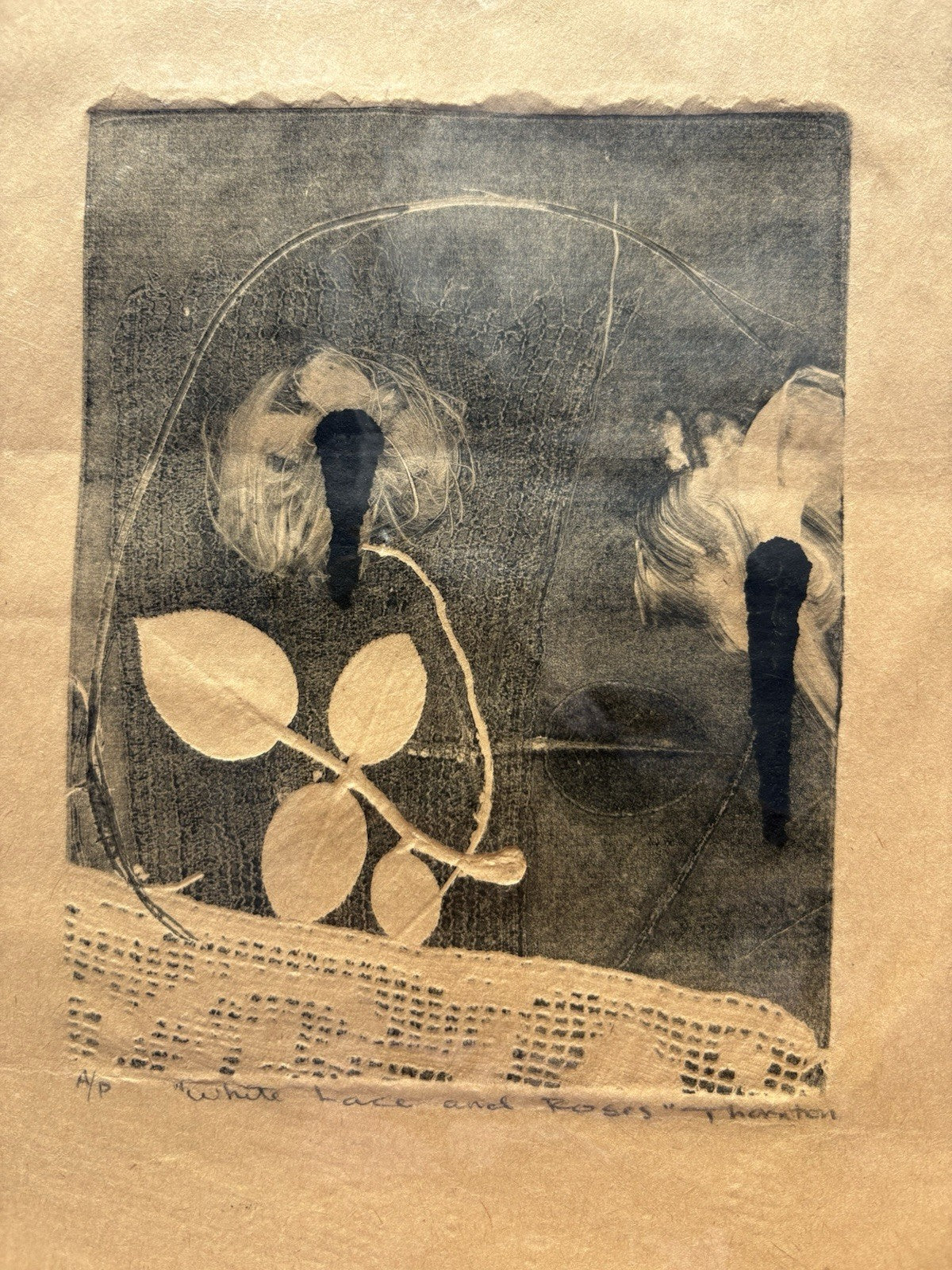 “White Lace and Roses” A/P Mid-Century Monoprint by Thornton, Zinc Plate