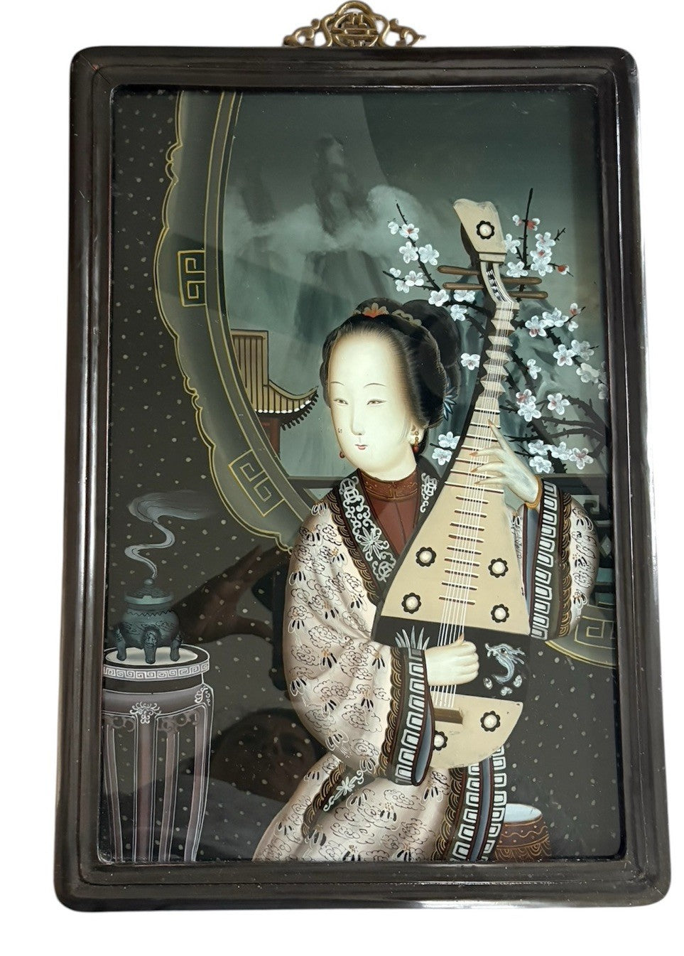 Vintage Chinese Reverse Glass painting-Asian Wall Panel-Hollywood Regency Decor