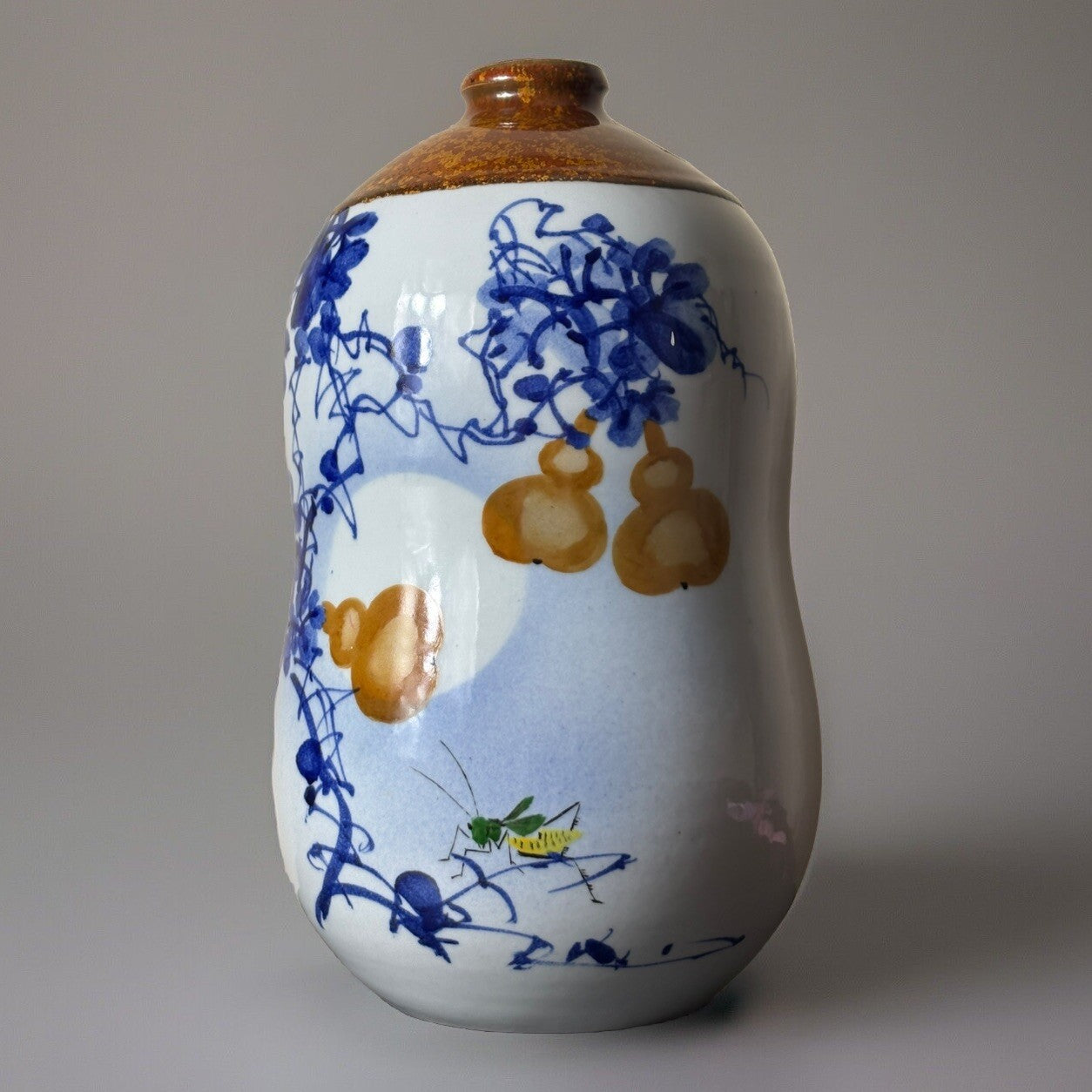 Chinese Gourd & Cricket Vase Blue Amber Enamel Calligraphy Republic Style 11.5”