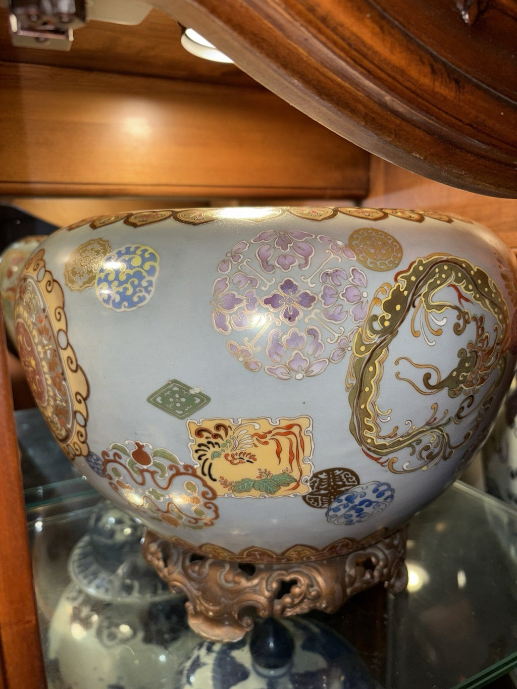Late Meiji Japanese Blue-Ground Satsuma-Style Jardiniere, Bronze Stand