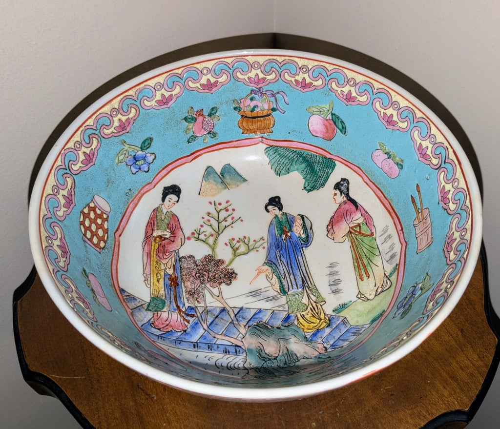 Vintage Macau Famille Rose Porcelain Serving Bowl With Hand Painted Bucolic Scen