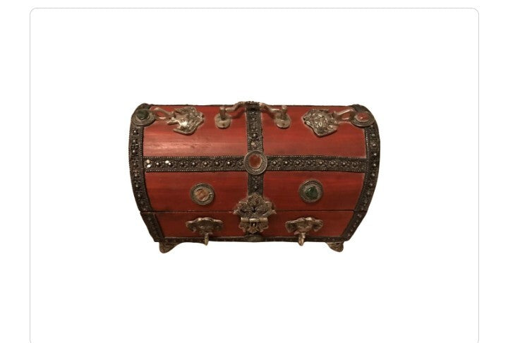 Tibetan Brass Inlaid Wooden Chest Box elephant Handles Gem Accents Vintage