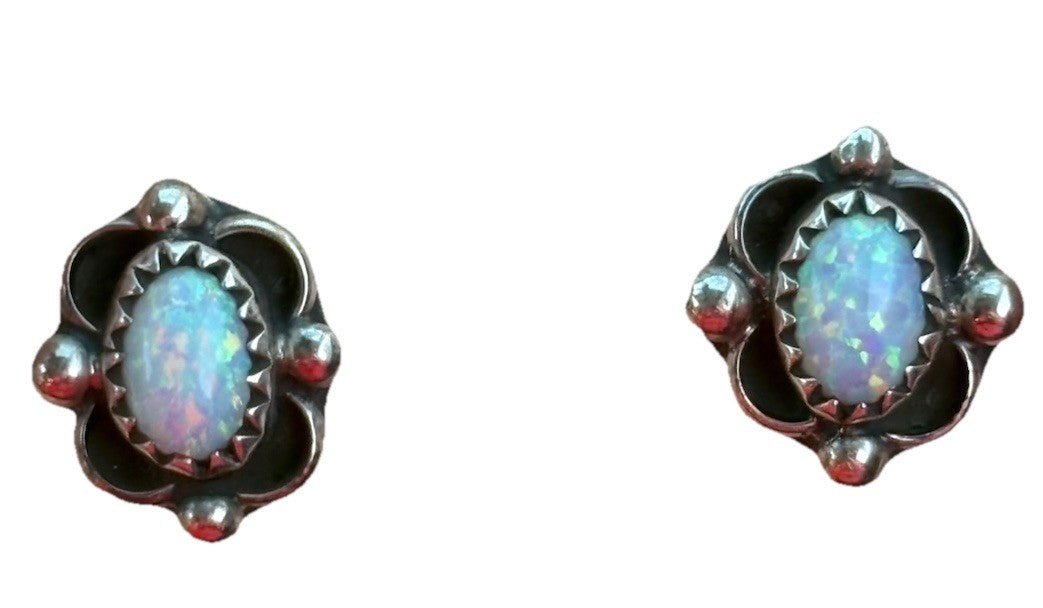 Vintage Sterling Silver Opal Earrings Floral Scalloped Design Boho Southwest