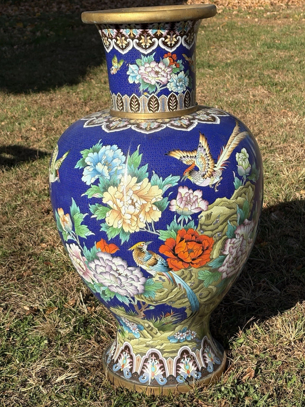 Large Vintage Cobalt Blue Cloisonné Style Vase Floral Birds Brass Rim Asian 30”