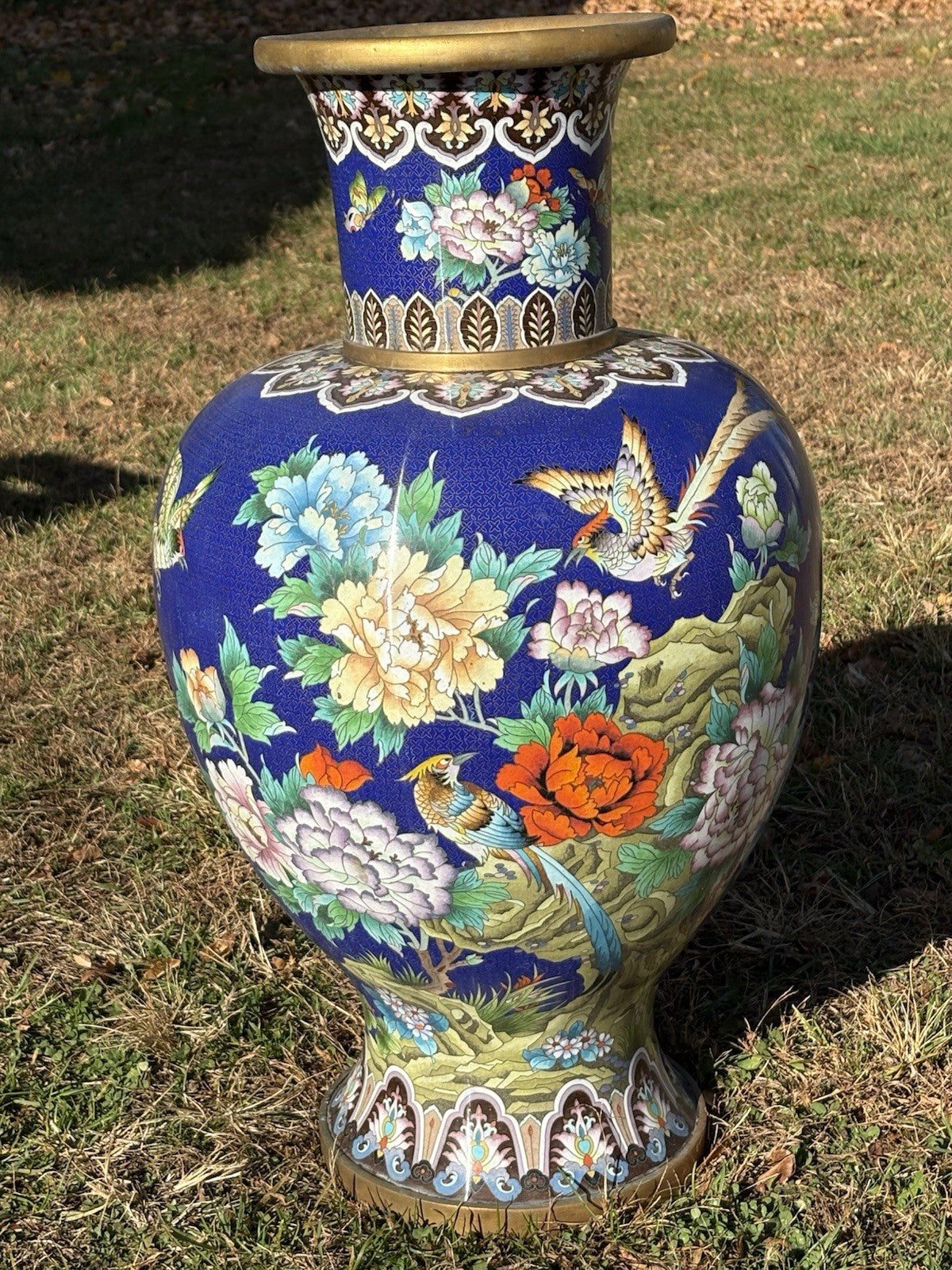 Large Vintage Cobalt Blue Cloisonné Style Vase Floral Birds Brass Rim Asian 30”