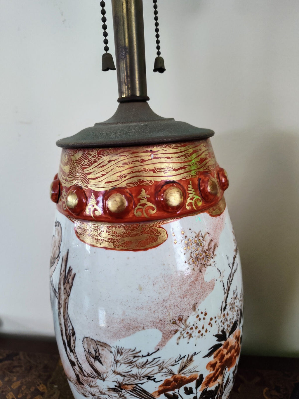 Pair Meiji Japanese Kutani Seizan Lamps, Gilt Birds & Cranes, Hand Painted