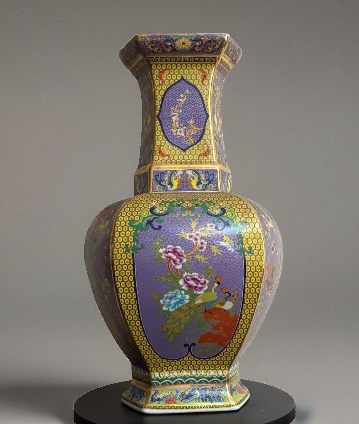Large Chinese Style Porcelain Vase Famille Rose Cloisonné Floral Purple Bird 19”