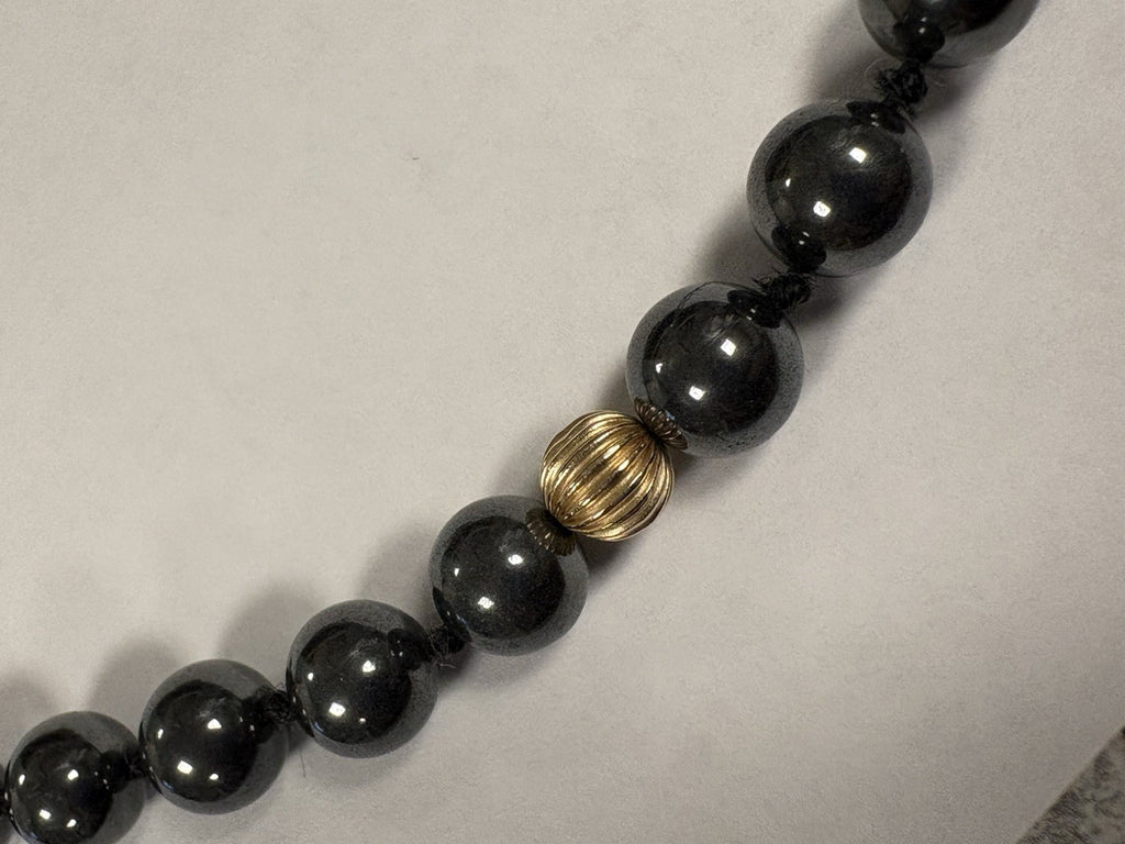 VTG Hematite Necklace & Earrings Set Solid 14K Gold Beads Posts 32”