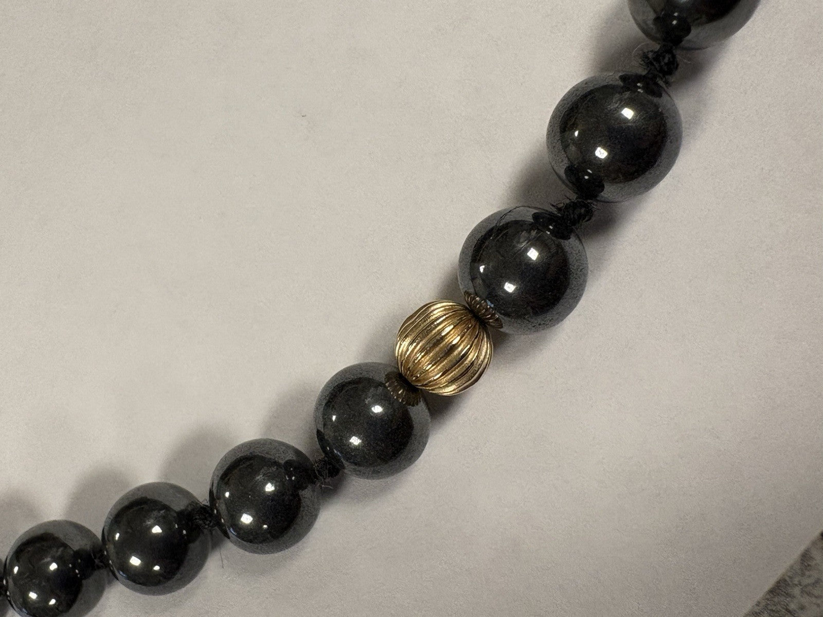 VTG Hematite Necklace & Earrings Set Solid 14K Gold Beads Posts 32”
