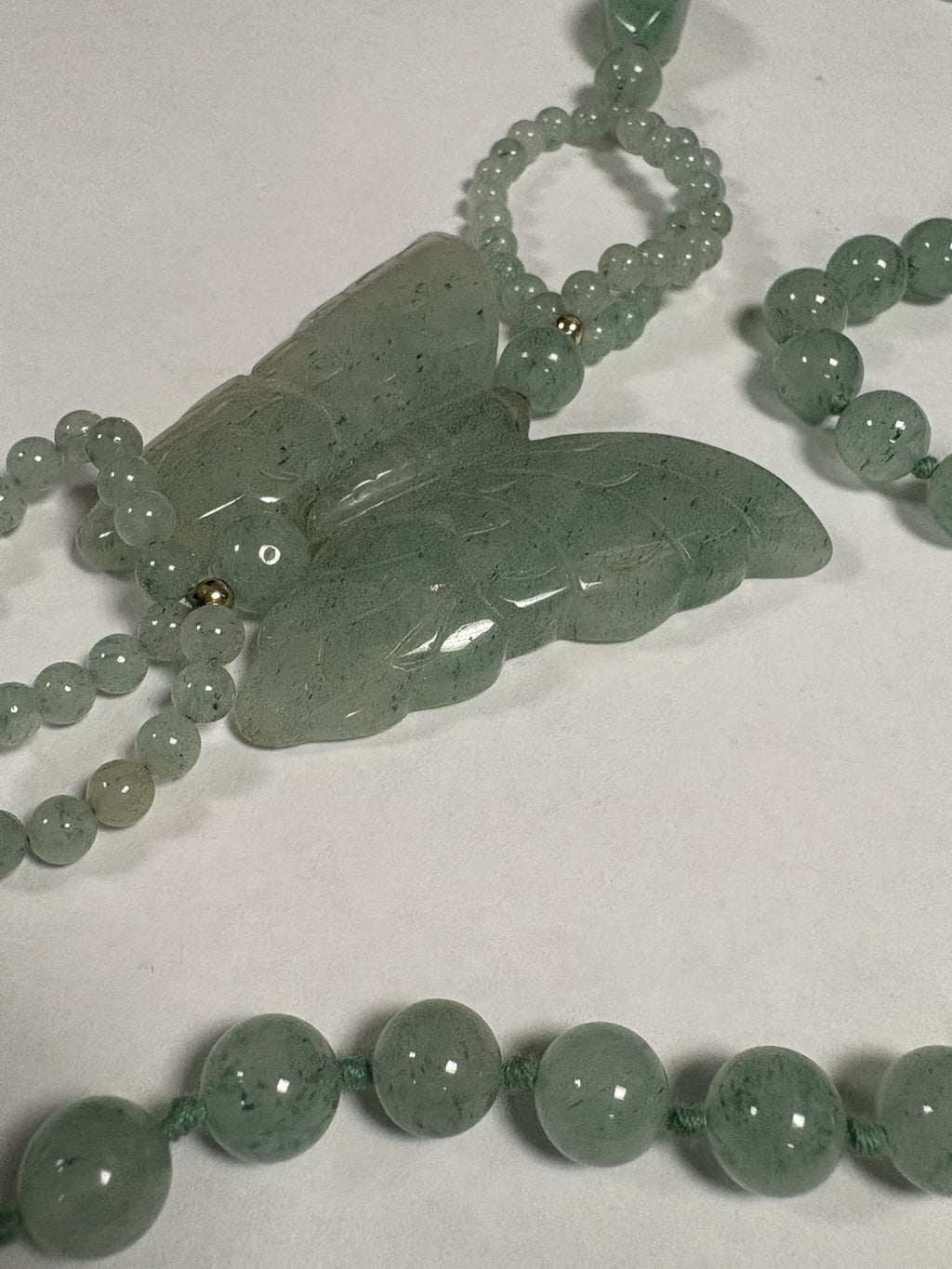 Vintage Jade Butterfly Necklace Celadon Green Beaded Asian  34”