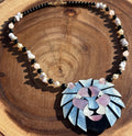 Statement Lion Inlay Shell Pendant Necklace Black Onyx Rose Quartz Beads 18”