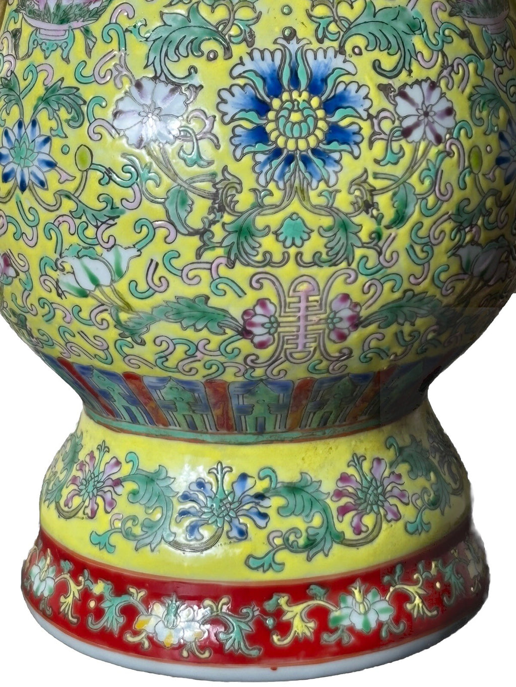 Antique Chinese Famille Rose Yellow Ground Vase w/ Gilt Phoenix Handles 15”