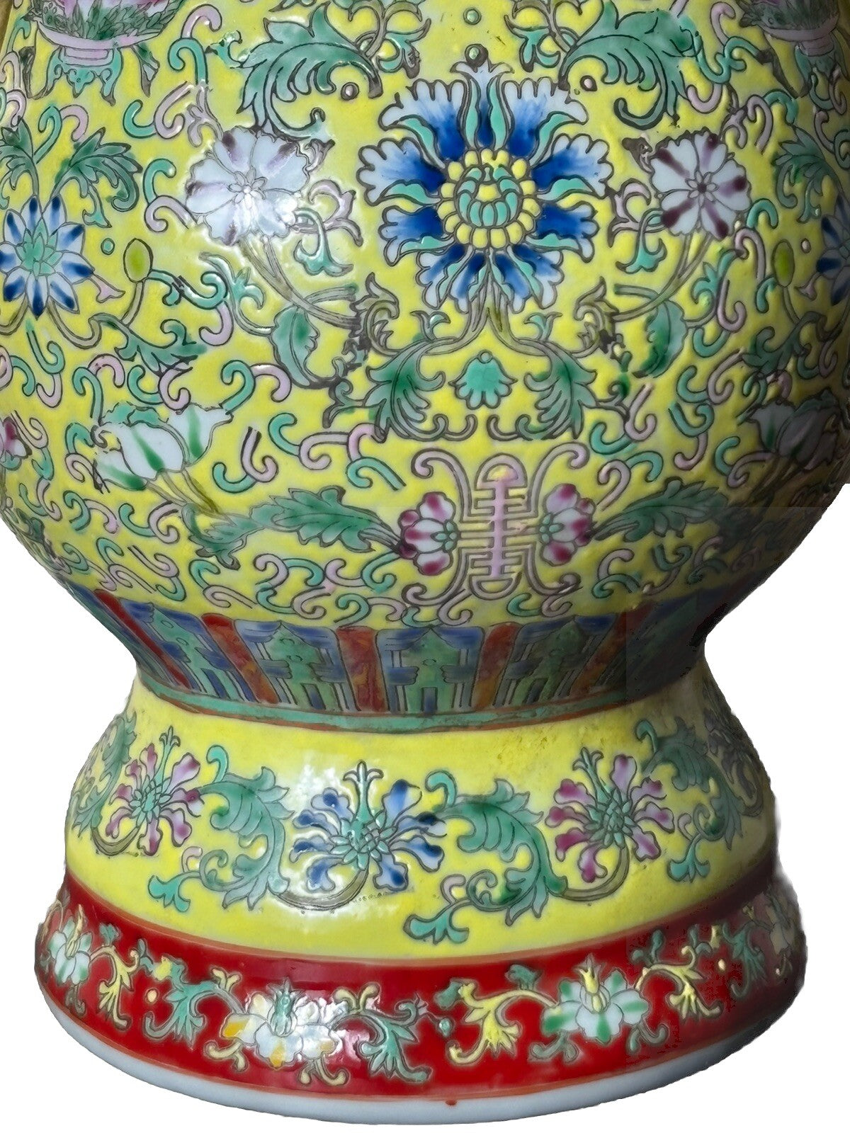 Antique Chinese Famille Rose Yellow Ground Vase w/ Gilt Phoenix Handles 15”