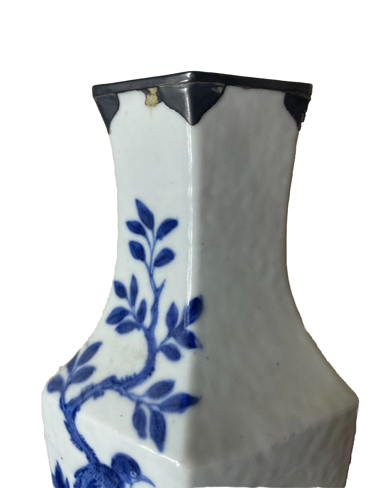 Rare Qing Dynasty Blue White Hexagonal Vase Bird Plum Blossom 1700s China