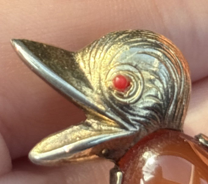 Vintage AC Sterling Bird Brooch Carnelian Cabochon Gemstone Pin