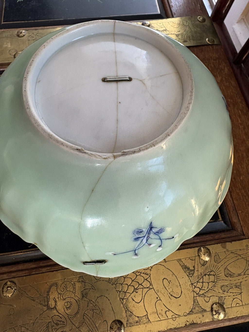 Antique Chinese Celadon Porcelain Bowl Qing Dynasty Blue White Enamel 1720/1760