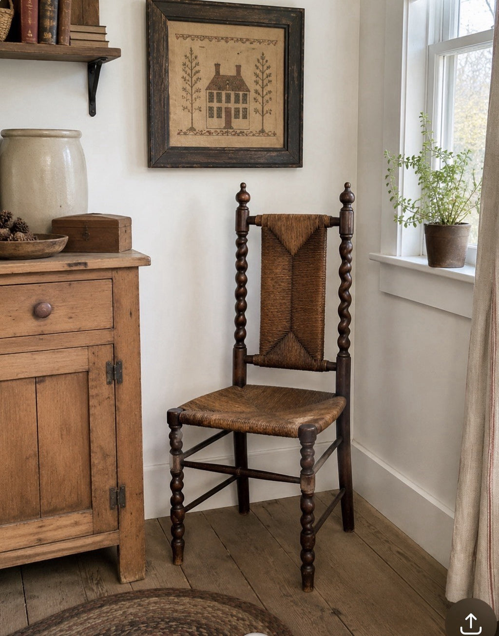 Vintage Early American Barley Twist Rush Seat Chair Woven Back Primitive
