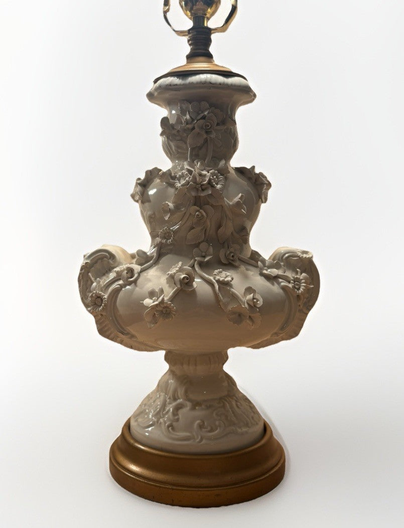 Vintage Blanc De Chine Porcelain Floral Relief Table Lamp Hollywood Regency