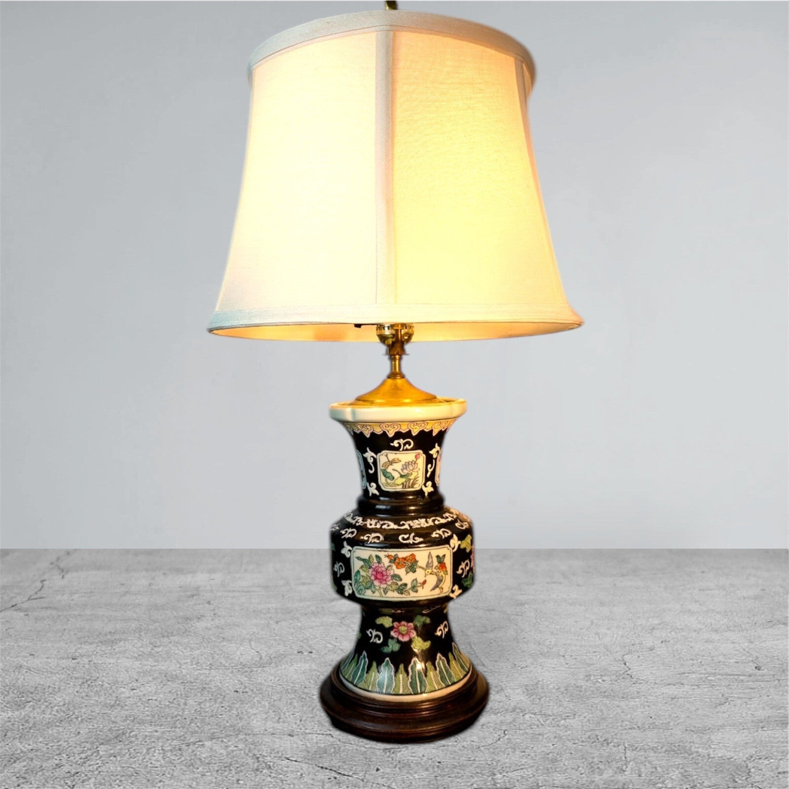 Vintage Asian Black Porcelain / Ceramic Lamp with Beautiful Flowers pattern