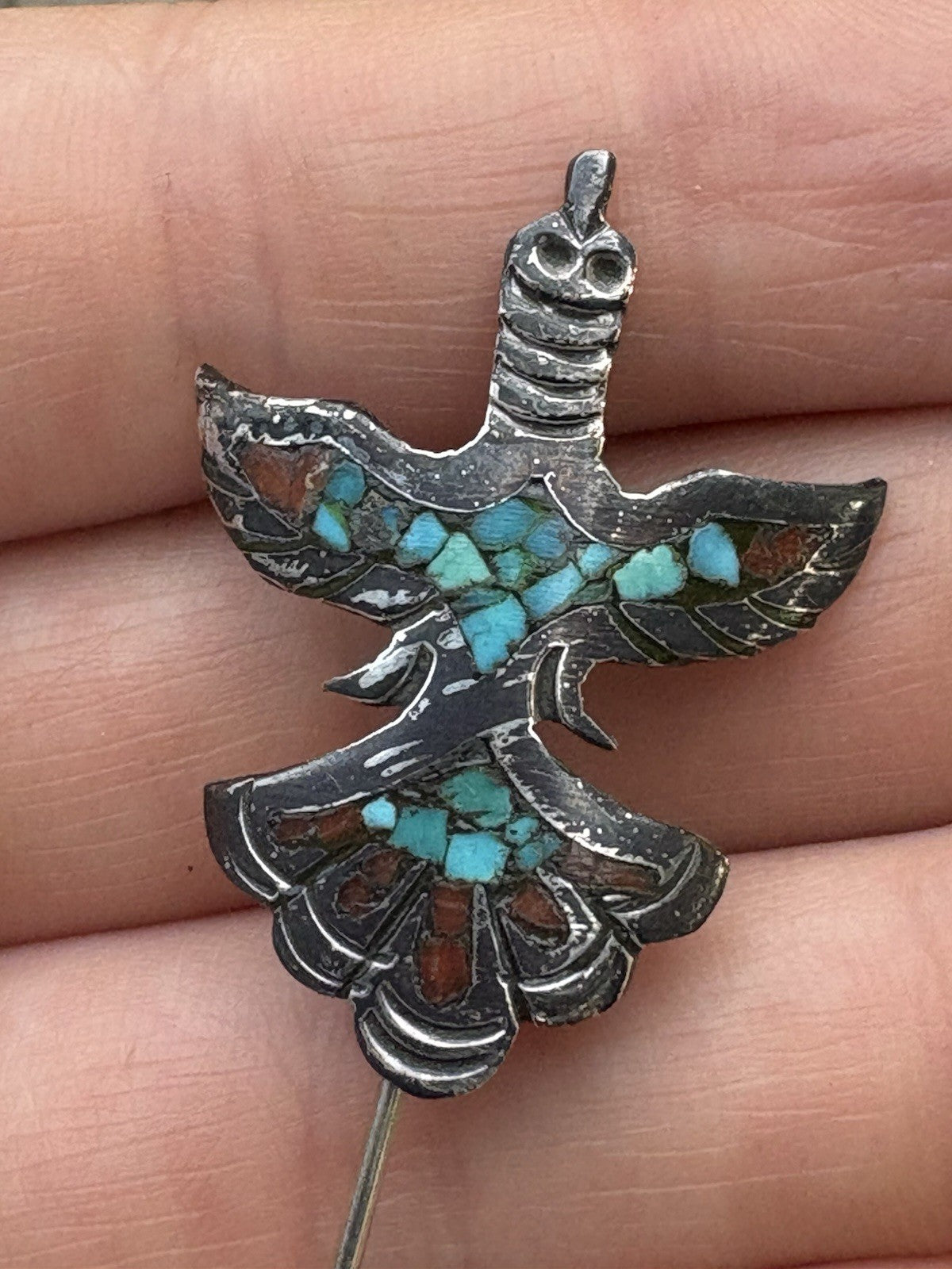 Vintage Native American Thunderbird Inlay Stick Pin Turquoise Coral