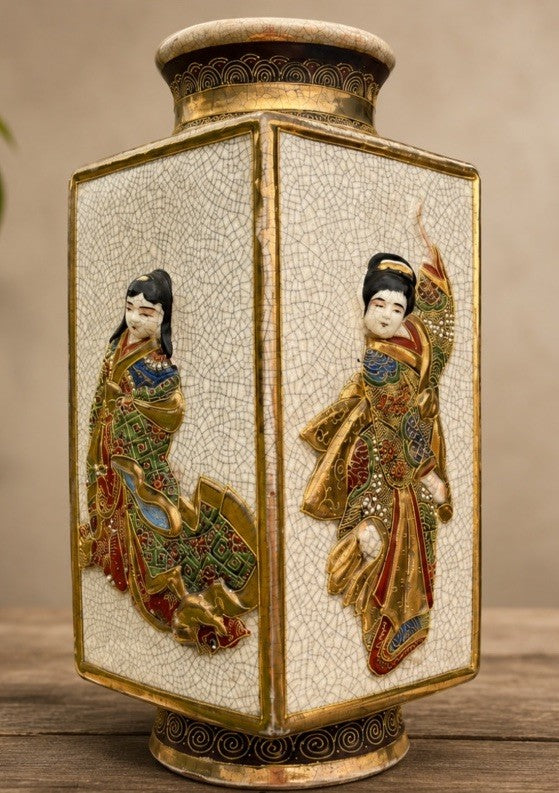 Antique Japanese Satsuma Moriage Square Vase Relief Figures Crackle Glaze